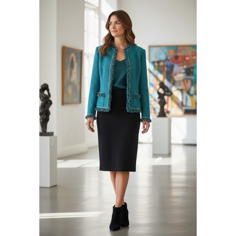 BEAUTIFUL St John collection knit Green, Purple Black multi fringe jacket Skirt